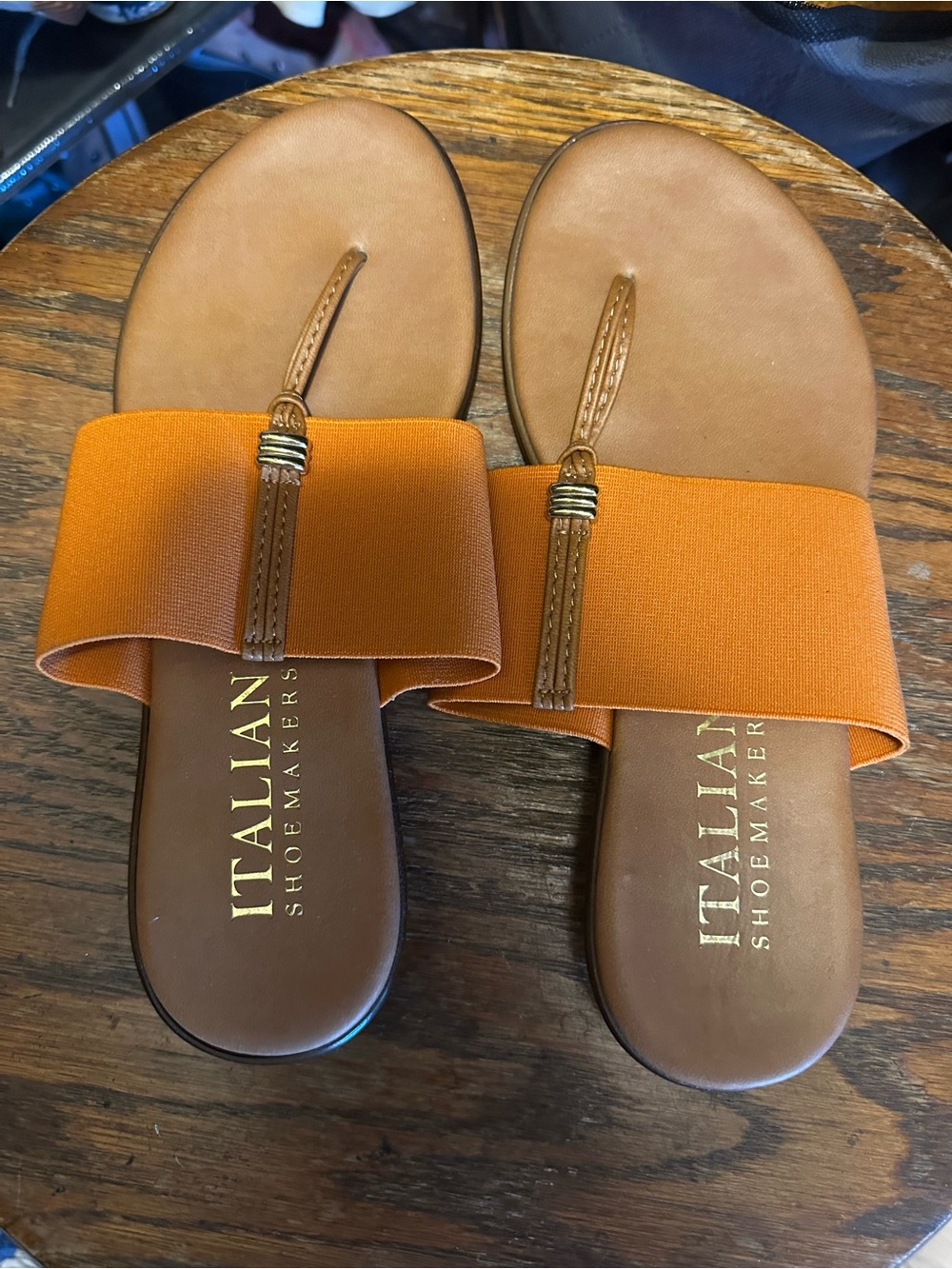 Italian Shoemakers Orange and Tan Elastic Strap Toe-Post Sandals